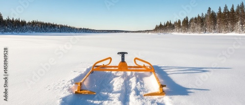 Winter Landscape with Orange Snow Groomer on Frozen Lake in Lapland