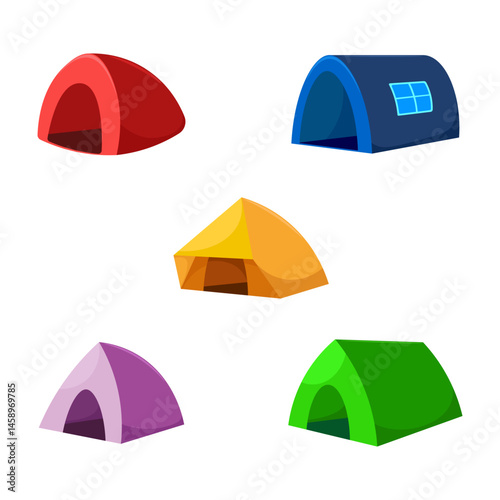 Various types of tents with different colors and shapes