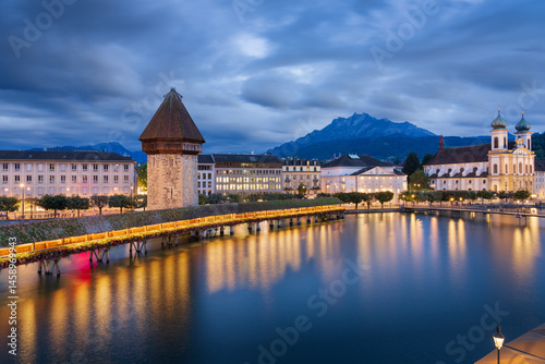 Lucerne, Switzerland with the Chapel Bridge at Twilight