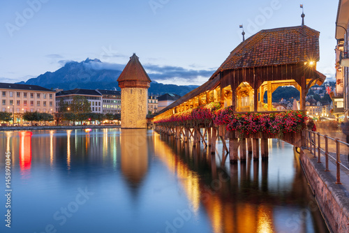 Lucerne, Switzerland with the Chapel Bridge at Twilight