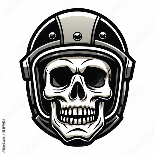 Skull wearing biker helmet reveals an intense and stylized illustration with intricate detail
