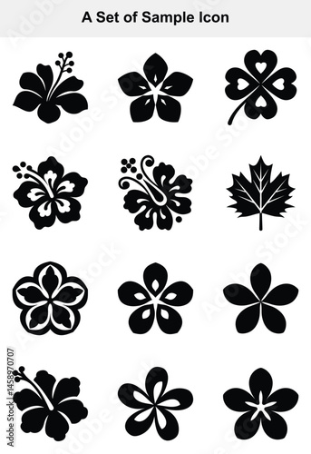 Isolated black botanical icons show flowers and a maple leaf