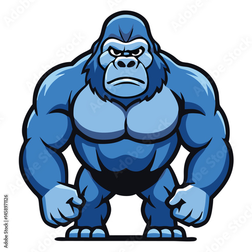 Cartoonish gorilla in blue shows strength and intimidation with muscular build and fierce expression