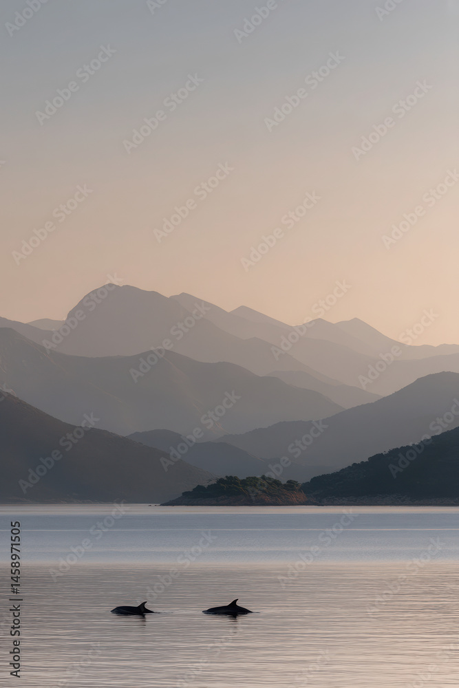 whales and dolphins gracefully swimming in soft morning light tender moments on waters surface whales and dolphins gracefully swimming in soft morning light tender moments on waters surface