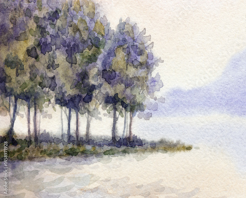 Watercolor landscape. Sunset over the lake