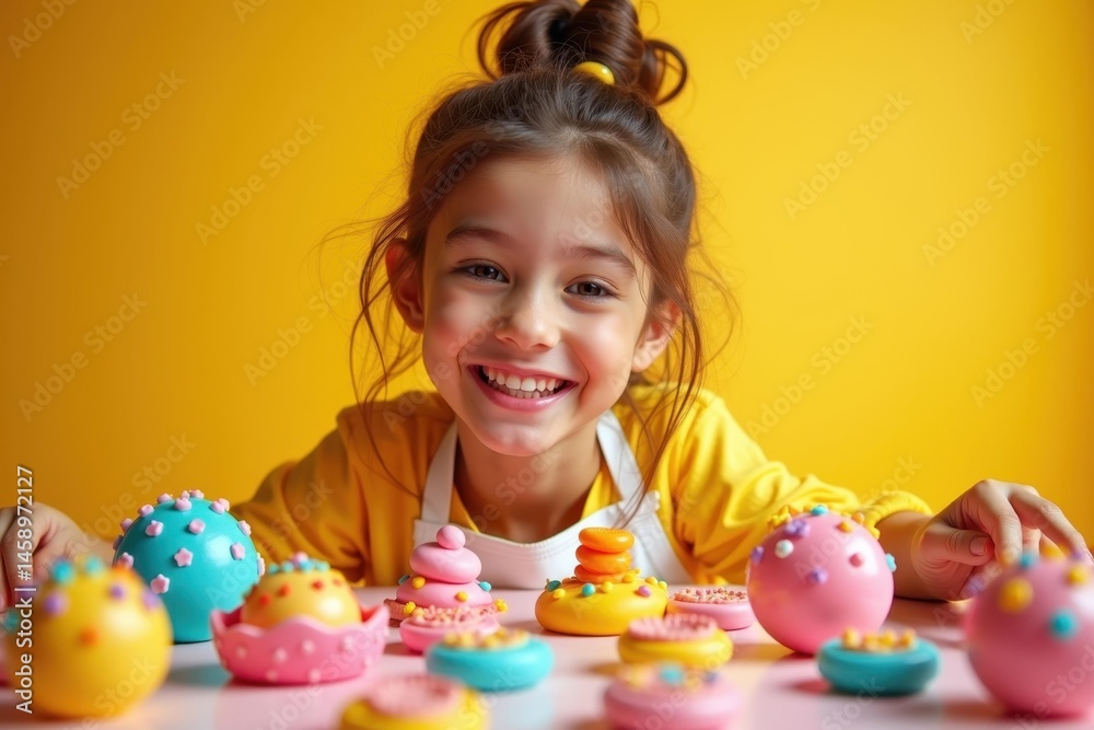 Happy girl. Happy little girl with colorful cupcakes smiling, celebrating birthday party with bright yellow background, cheerful atmosphere, childhood joy, festive treats, fun event, family gathering Happy girl. Happy little girl with colorful cupcakes smiling, celebrating birthday party with bright yellow background, cheerful atmosphere, childhood joy, festive treats, fun event, family gathering