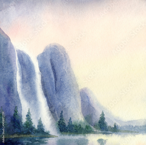 Watercolor landscape. Waterfall from the rocks to the lake