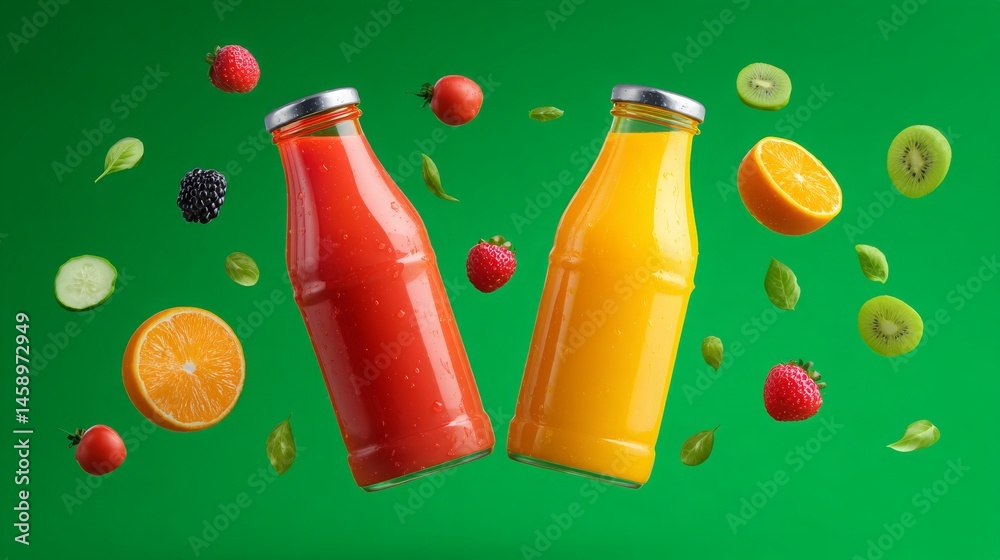 Fototapeta premium Vibrant Fruit Juices with Fresh Ingredients on Green Background