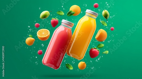 Vibrant Fruit Juices in Glass Bottles With Fresh Ingredients Around