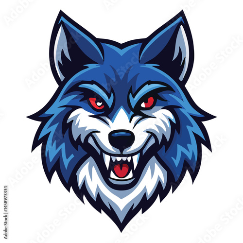 The stylized blue wolf head growls fiercely, its red eyes glaring out with menacing grin