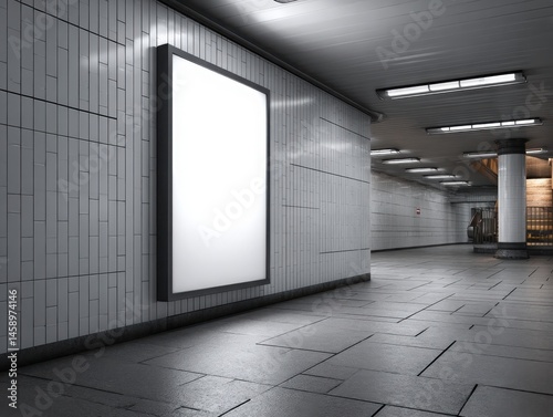 Subway station white poster frame on tiled wall, urban setting photo
