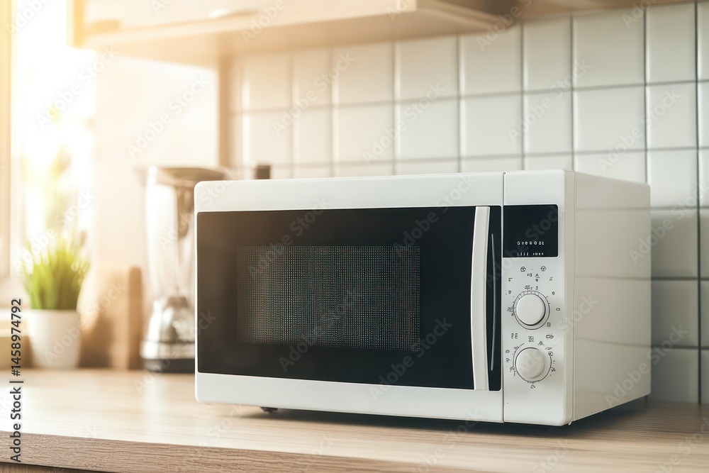 Fototapeta premium Minimalist modern microwave oven in clean kitchen interior