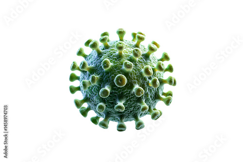 Highly detailed 3D model of a green virus particle with spiky protein structures, isolated on a transparent background