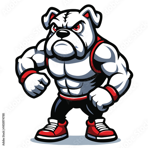 Strong bulldog mascot with red eyes is posing and showing muscular body