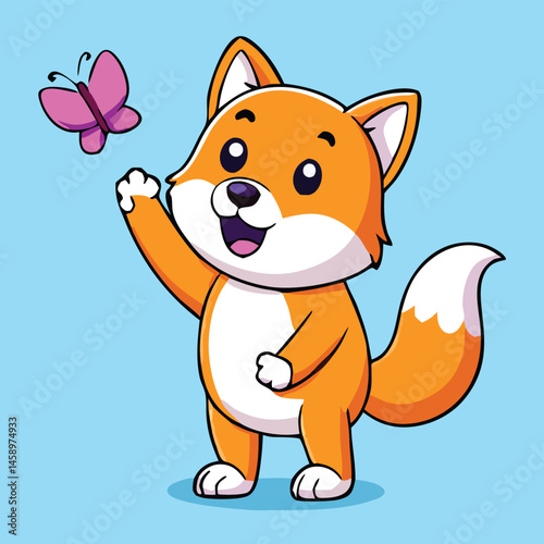 Cartoon orange fox standing happily watches a pink butterfly flying nearby with excitement