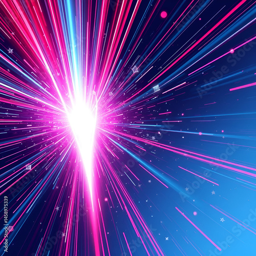 Abstract hyperspace jump with bright light and streaks of red and blue colors and many stars