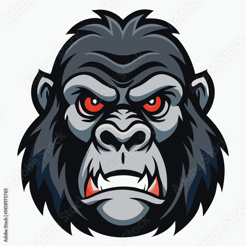 Gray gorilla with menacing red eyes stares intensely forward in a simple headshot vector