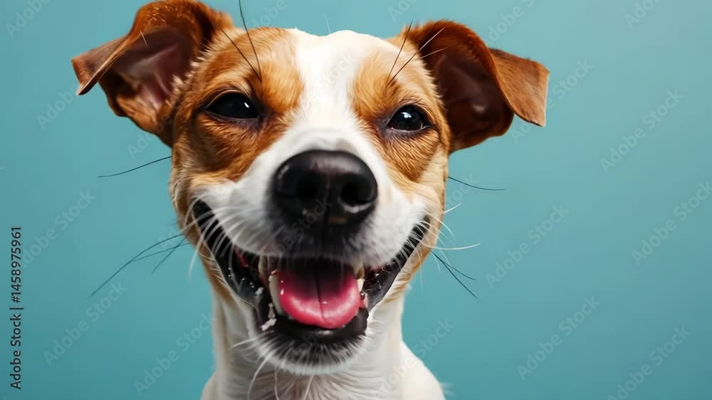 Happy small dog with brown and white fur smiling joyfully, happy pet animal showing bright smile and playful expression Happy small dog with brown and white fur smiling joyfully, happy pet animal showing bright smile and playful expression