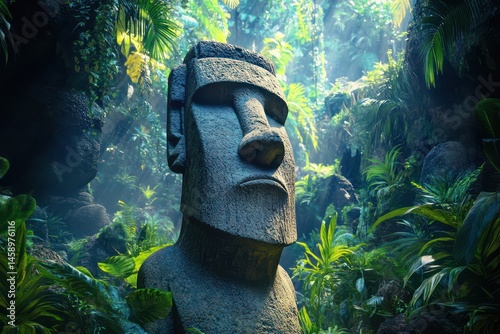 Mysterious Moai statue hidden in lush tropical jungle photo