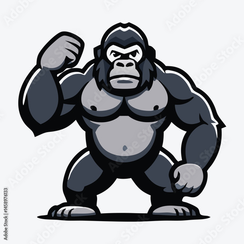 Angry gorilla is standing with raised arm and flexing muscle on a plain background