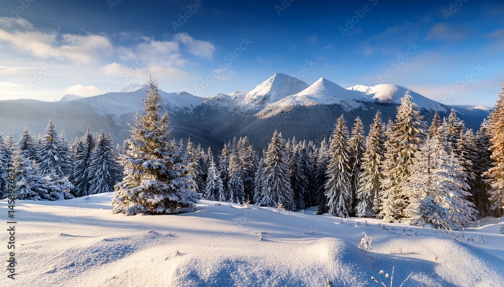 Obraz premium amazing winter scenery composite winter landscape in mountains beautiful creative image landscape with frosty pine trees on highland and majestic snowcovered mountain peak on background