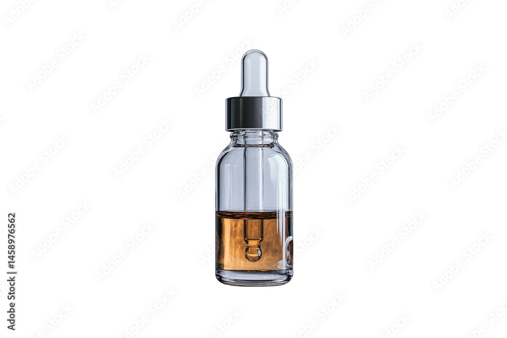 Naklejka premium Transparent bottle with shiny silver dropper cap, half-filled with amber serum, isolated on a transparent background