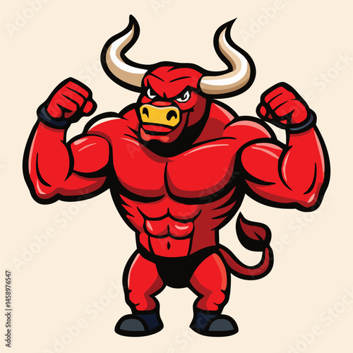 Ferocious cartoon red bull shows off massive biceps and powerful stature proudly