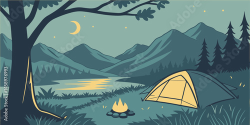 Camping Scene with Tent Near Lake and Trees