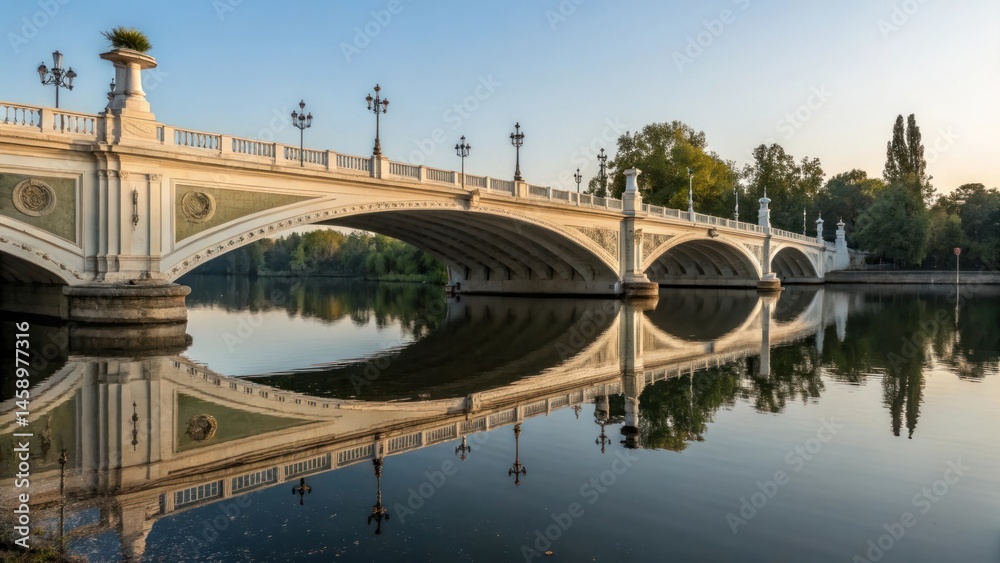 Naklejka premium Serene bridge reflection on lake water at dawn in a picturesque landscape
