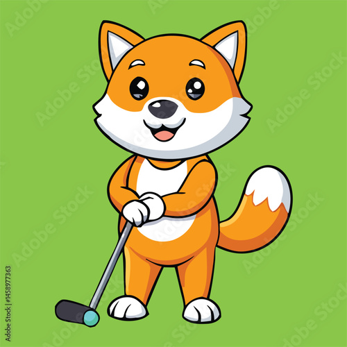 Cartoon fox joyfully prepares to play golf on a vibrant, solid green background