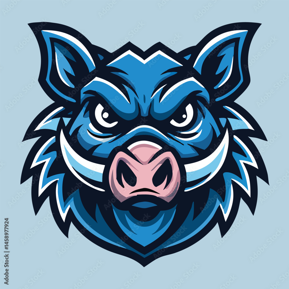 Fototapeta premium Fierce blue hog head shows a determined stare with sharp white tusks forward