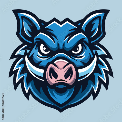 Fierce blue hog head shows a determined stare with sharp white tusks forward