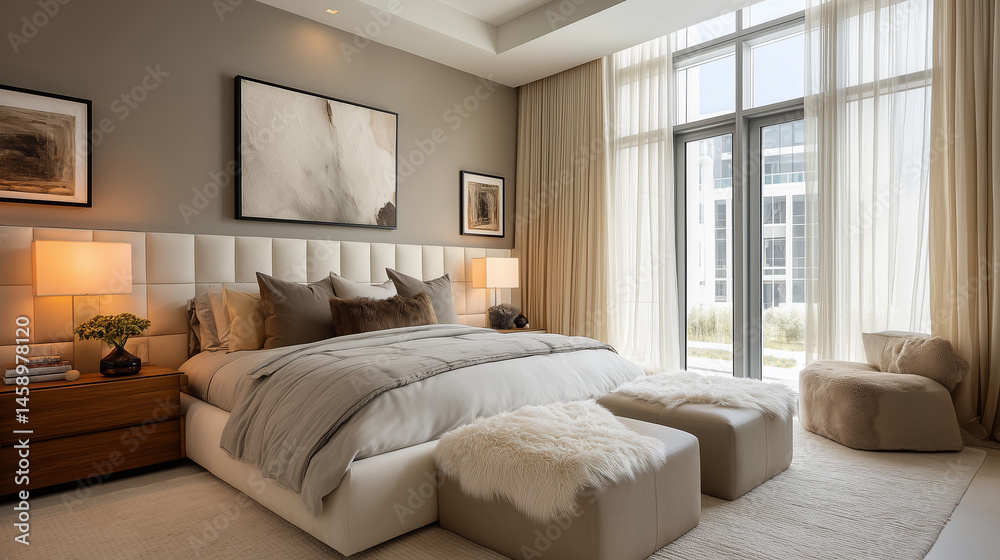 Fototapeta premium Bright Contemporary Bedroom With Cream Tones And Natural Light