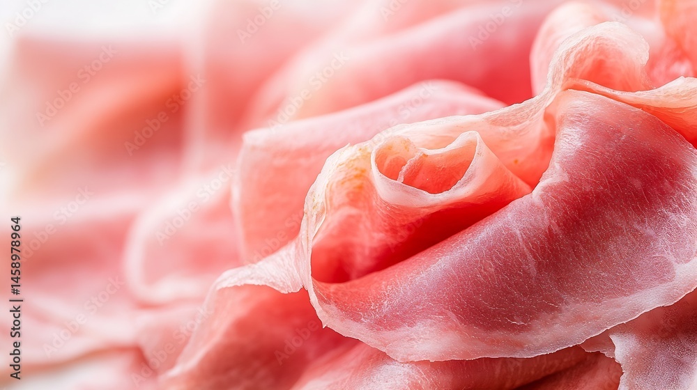Close-up shot of prosciutto slices, delicately arranged, showcasing their translucent pink color and thin, papery texture. The image highlights the subtle folds and curves of the cure : Generative AI Close-up shot of prosciutto slices, delicately arranged, showcasing their translucent pink color and thin, papery texture. The image highlights the subtle folds and curves of the cure : Generative AI