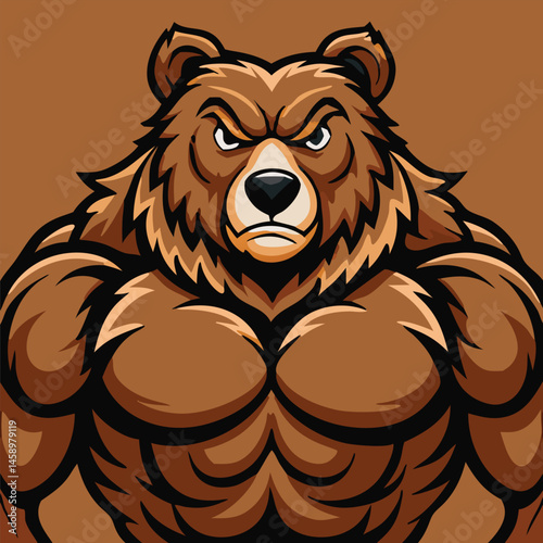 Aggressive brown bear displays strong muscular physique on a solid brown background in the image