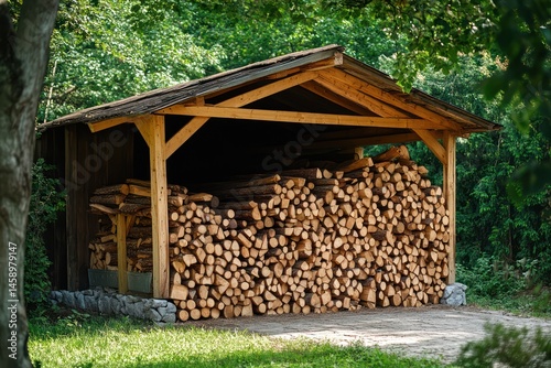 Stacked firewood in garden woodshed for natural fuel