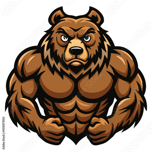 Muscular brown bear cartoon character displays strong physique with determined expression for illustration
