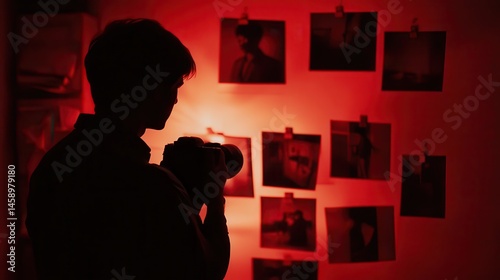 Photographer taking pictures in darkroom with red light and photos on the wall