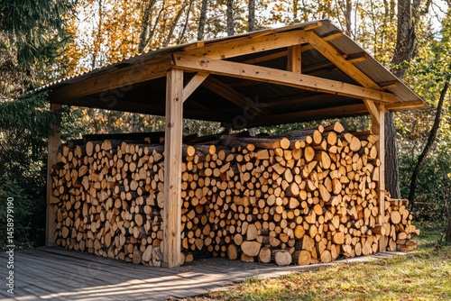 Stacked firewood in garden woodshed for natural fuel