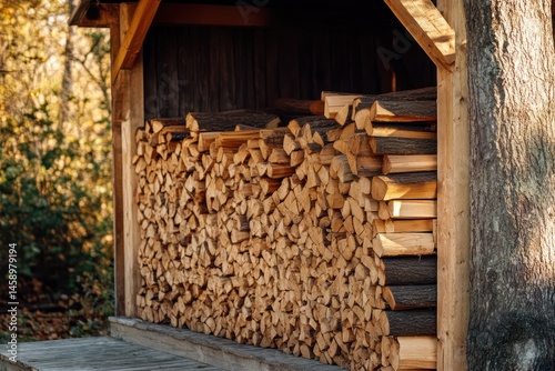 Stacked firewood in garden woodshed for natural fuel