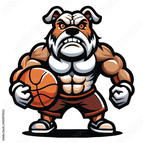 Muscular brown bulldog mascot is holding a basketball and fiercely glaring forward at something unknown