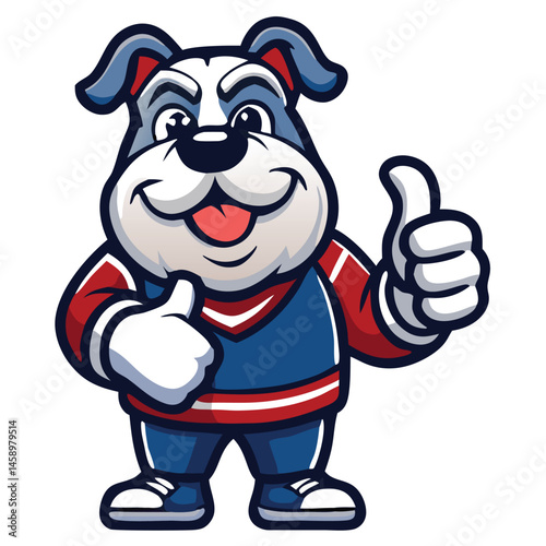 Cheerful bulldog mascot smiles with tongue showing while giving a thumbs up gesture happily