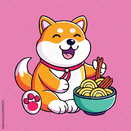 Cheerful cartoon Shiba Inu uses chopsticks while enjoying ramen noodles against a bright pink backdrop