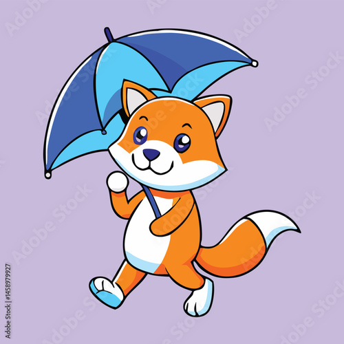 Cartoon orange fox happily strolls under a blue umbrella against a simple lavender background