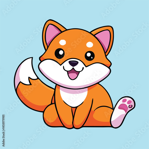 Animated smiling Shiba Inu puppy illustration sits cheerfully waving its cute tail