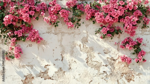 Fototapeta Naklejka Na Ścianę i Meble -  Pink Bougainvillea on a Light Beige Wall
