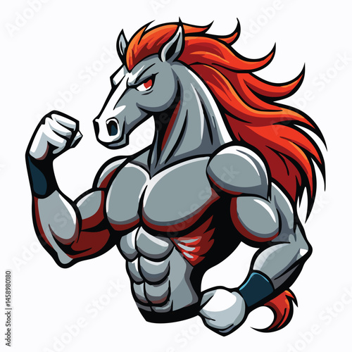 Muscular gray horse with fiery mane flexes, showcasing impressive physique and power