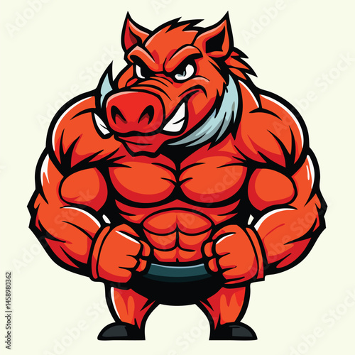 Red wild boar cartoon displays muscular physique with intimidating expression on an off white background