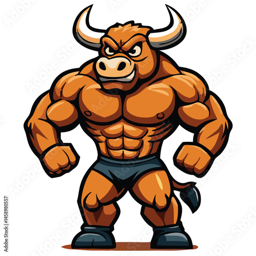 Muscular cartoon bull with intimidating expression confidently stands ready to take action head on