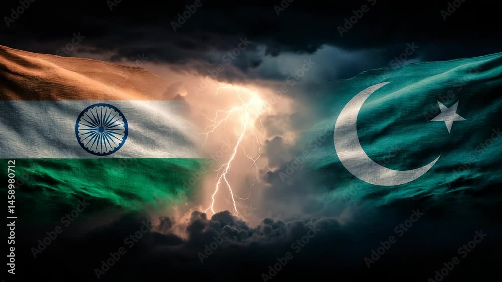 India Pakistan Flags Stormy Sky International Relations Political Conflict Tensions, India Pakistan War